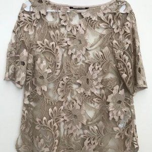 Beige Floral Lace See-Through Blouse